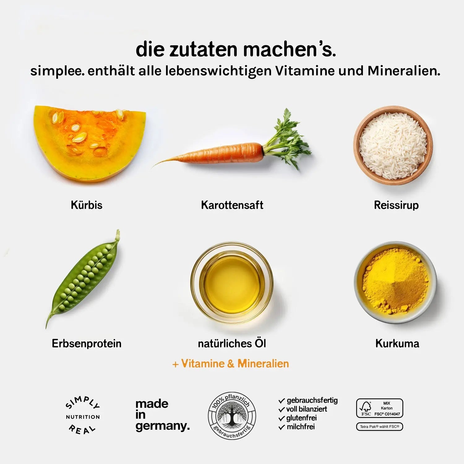 Zutaten von simplee. mit Gemüse Sondennahrung, enterale ernährung mit der peg-magensonde, magensonden bauch, vollbilanzierte natürliche Ernährung mit der peg sonde