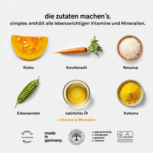 Zutaten von simplee. mit Gemüse Sondennahrung, enterale ernährung mit der peg-magensonde, magensonden bauch, vollbilanzierte natürliche Ernährung mit der peg sonde